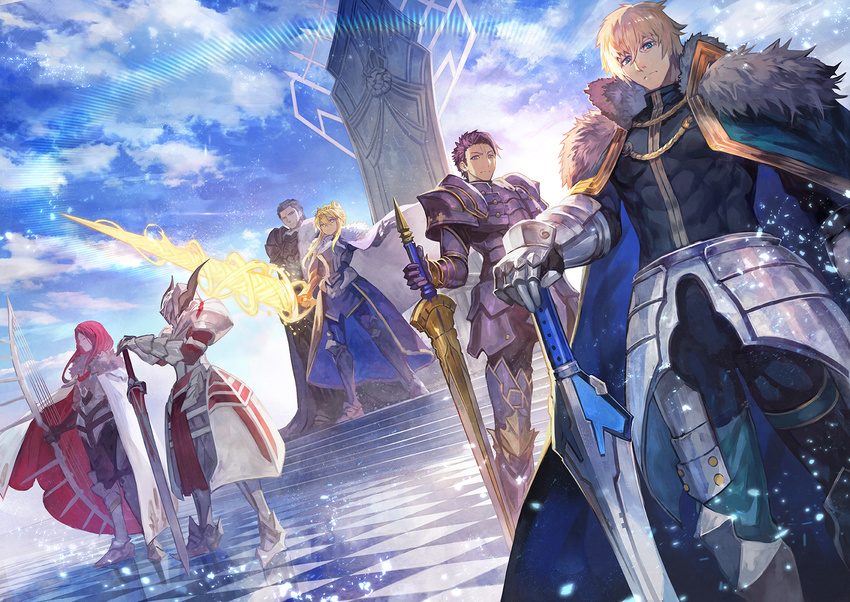 4boys agravain_(fate/grand_order) armor armored_dress artoria_pendragon_(all) artoria_pendragon_(lancer) blonde_hair blue_dress blue_eyes blue_sky bow bow_(weapon) breastplate cape checkered checkered_floor clarent closed_mouth cloud cloudy_sky commentary_request day dress excalibur_galatine fate/apocrypha fate/extra fate/grand_order fate_(series) faulds full_armor fur_trim gawain_(fate/extra) glowing glowing_weapon greaves green_eyes hand_on_hilt helmet highres holding holding_bow_(weapon) holding_sword holding_weapon knights_of_the_round_table_(fate) lack lance lancelot_(fate/grand_order) long_hair looking_at_viewer mordred_(fate) mordred_(fate)_(all) multiple_boys multiple_girls outdoors pauldrons polearm purple_hair red_hair rhongomyniad short_hair sky standing sword throne tristan_(fate/grand_order) weapon