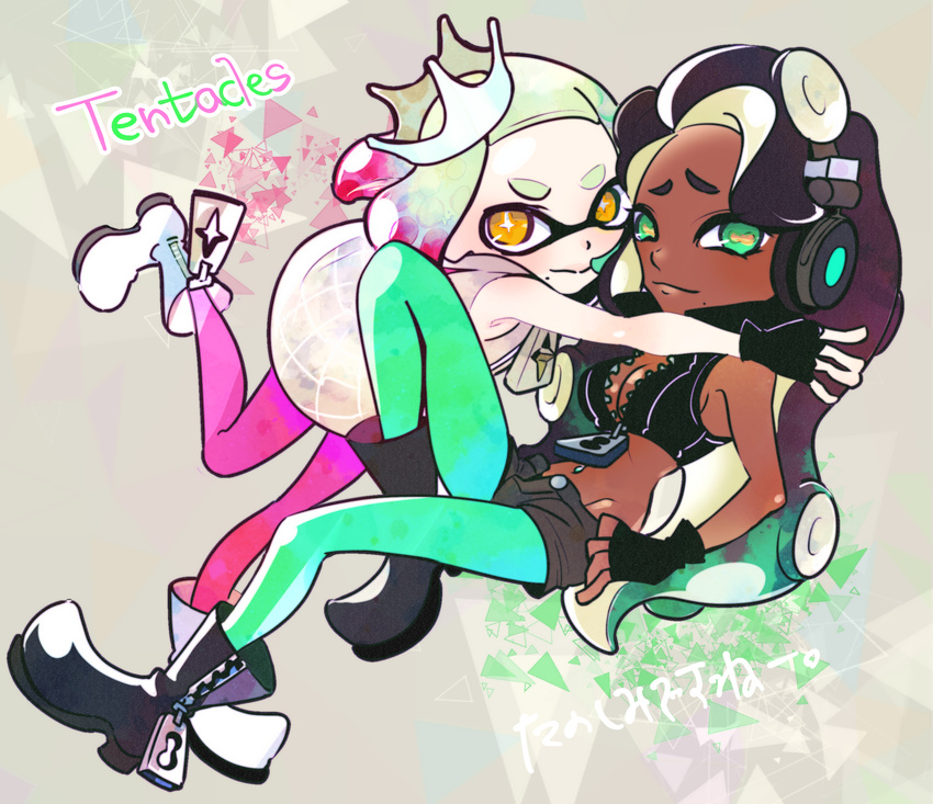 2017 beauty_mark boots cephalopod clothing crown dark_skin dress duo english_text female fingerless_gloves footwear gloves green_eyes hair headphones hi_res hug humanoid inkling jacket japanese_text long_hair marina_(splatoon) marine mask nintendo not_furry octoling octopus pearl_(splatoon) short_hair splatoon squid tentacle_hair tentacles text video_games yellow_eyes パイナップルそばまんじゅう