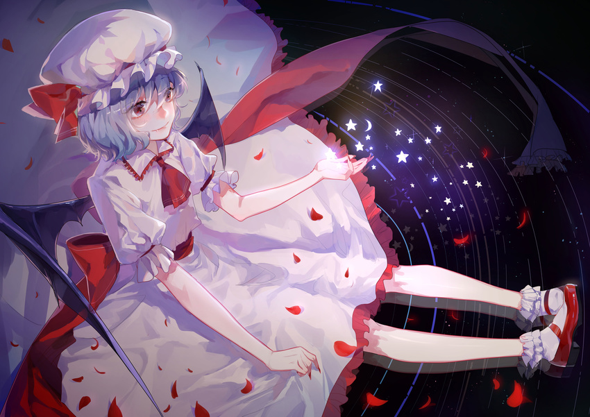 absurdres blush closed_mouth fang hat highres lavender_hair looking_away mary_janes mob_cap red_eyes remilia_scarlet shoes short_hair smile solo touhou wings zhibuji_loom