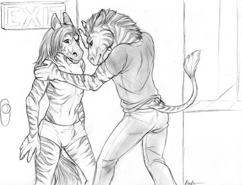 2009 5_fingers alley anthro biped boxers_(clothing) clothed clothing door duo equine exit_sign eye_contact fur greyscale hair humanoid_hands long_hair male male/male mammal mane monochrome outside pants pencil_(artwork) rukis shirt signature snout standing story story_in_description striped_fur stripes stripes_(character) tail_tuft topless traditional_media_(artwork) tuft underwear zebra