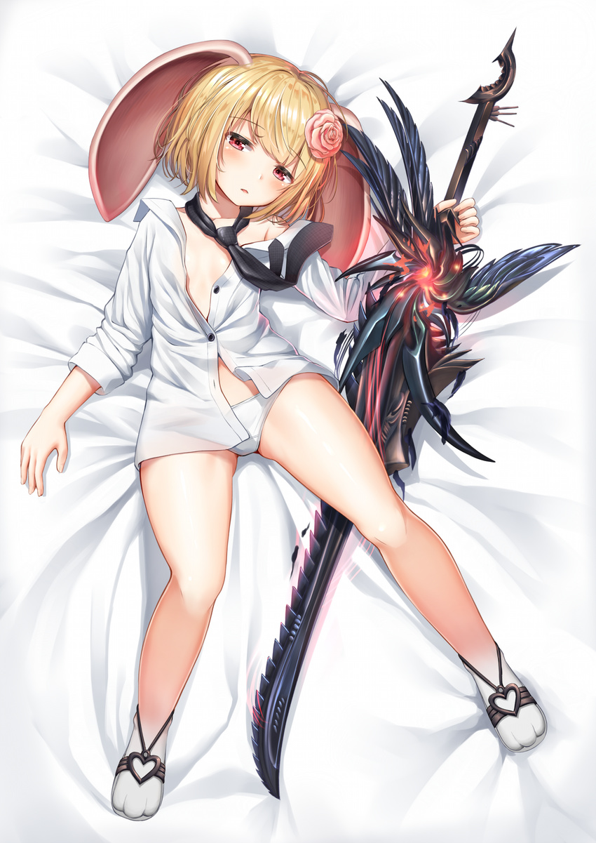 animal_ears blade_&amp;_soul blonde_hair blush dress_shirt flower hair_flower hair_ornament highres looking_at_viewer lying lyn_(blade_&amp;_soul) necktie no_pants on_back panties red_eyes shirt short_hair solo superpig sword underwear weapon