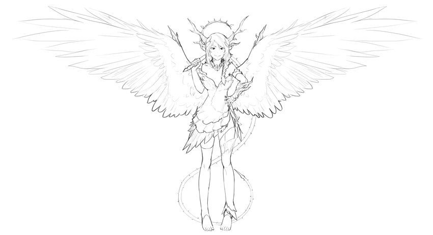 absurdres angel_wings barefoot braid breasts cleavage dress feathered_wings flower flower_necklace greyscale halo hand_on_hip highres holding_whip horns jewelry leaf less lineart looking_at_viewer medium_breasts monochrome necklace over_shoulder phallia_(wizardquest) plant_girl short_dress simple_background smile solo spread_wings standing thighhighs toeless_legwear vine_whip weapon weapon_over_shoulder whip white_background wings wizardquest