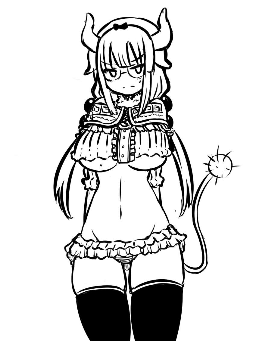 adapted_costume alternate_breast_size arms_behind_back black_legwear blush breasts commentary cowboy_shot frills frown glasses greyscale highres horns invader kanna_kamui kobayashi-san_chi_no_maidragon large_breasts looking_at_viewer lowleg lowleg_panties midriff monochrome older panties skindentation solo sweatdrop tail thigh_gap thighhighs underboob underwear white_background