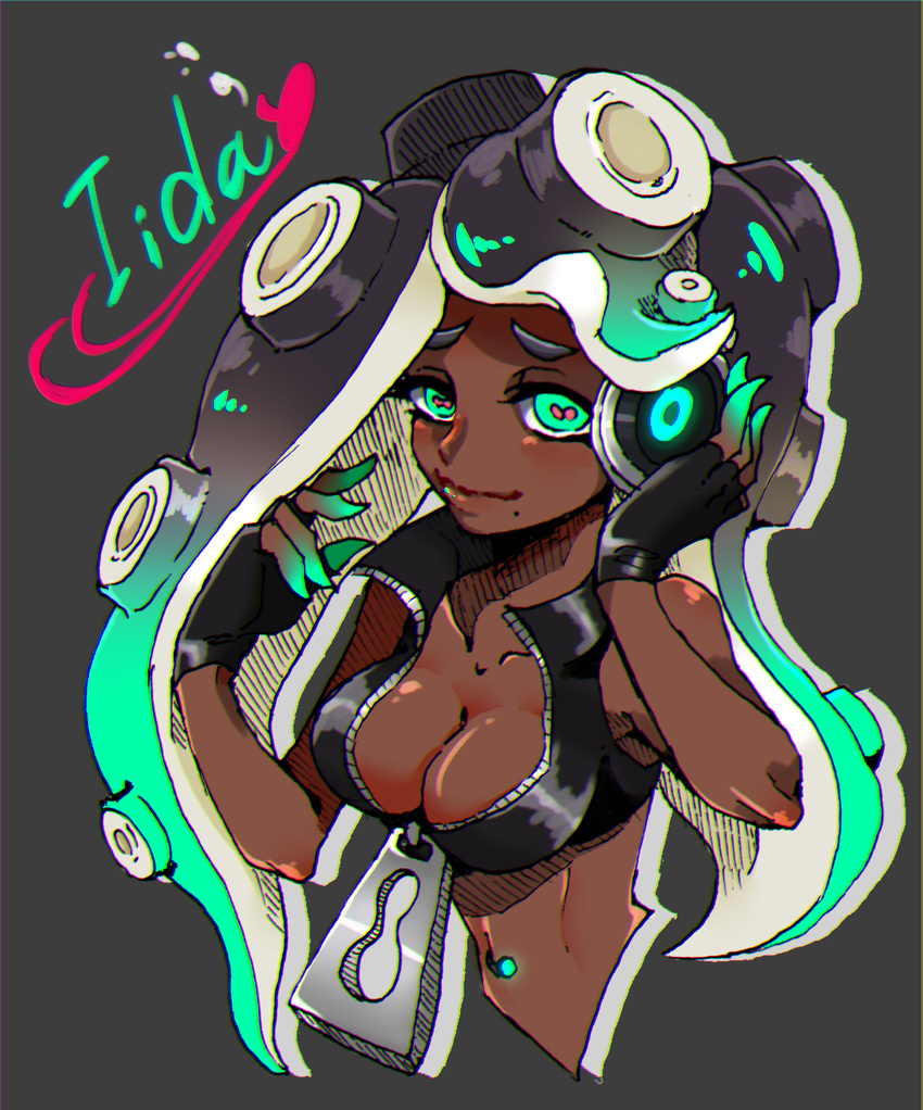 2017 beauty_mark breasts cephalopod cleavage clothed clothing dark_skin english_text female fingerless_gloves gloves green_eyes hair headphones humanoid jacket long_hair marina_(splatoon) marine navel neko壺 nintendo not_furry octoling octopus solo splatoon tentacle_hair tentacles text video_games