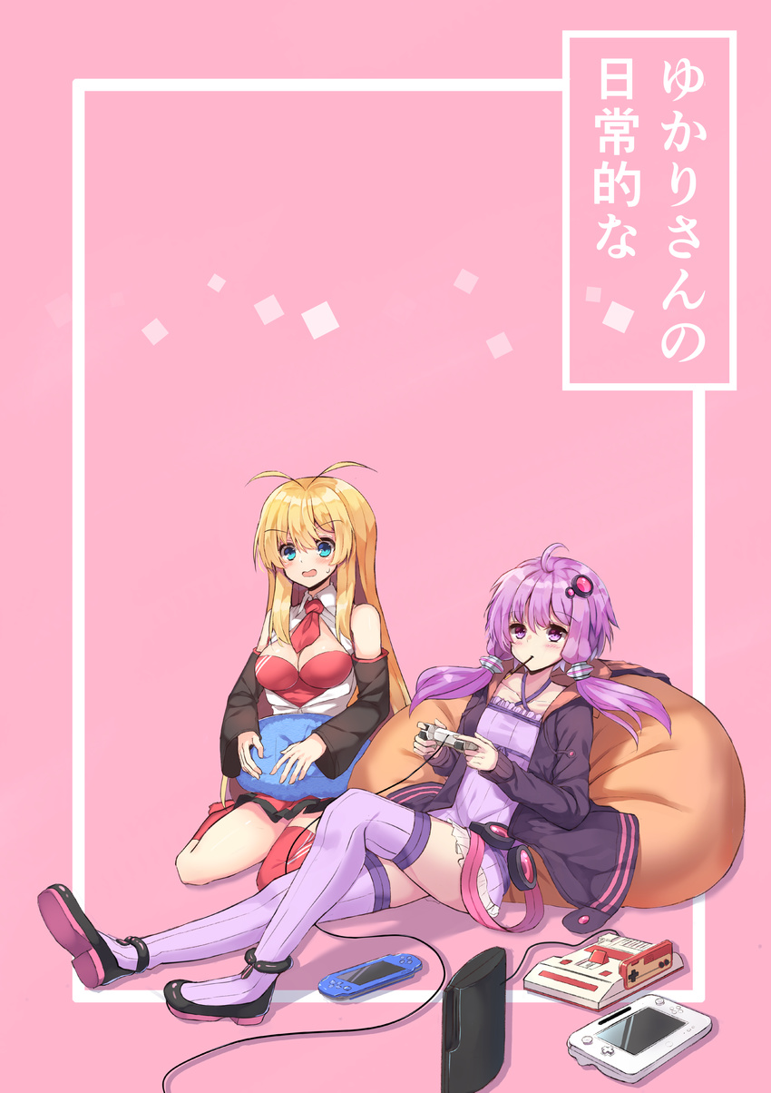 absurdres bean_bag_chair blonde_hair blush breasts character_name cleavage closed_mouth controller eyebrows_visible_through_hair food game_console game_controller green_eyes highres hopepe large_breasts long_hair looking_away multiple_girls necktie parted_lips pink_background pocky purple_eyes purple_hair purple_legwear red_legwear red_neckwear seiza short_hair_with_long_locks sitting smile thighhighs tsurumaki_maki vocaloid voiceroid wii_u yuzuki_yukari