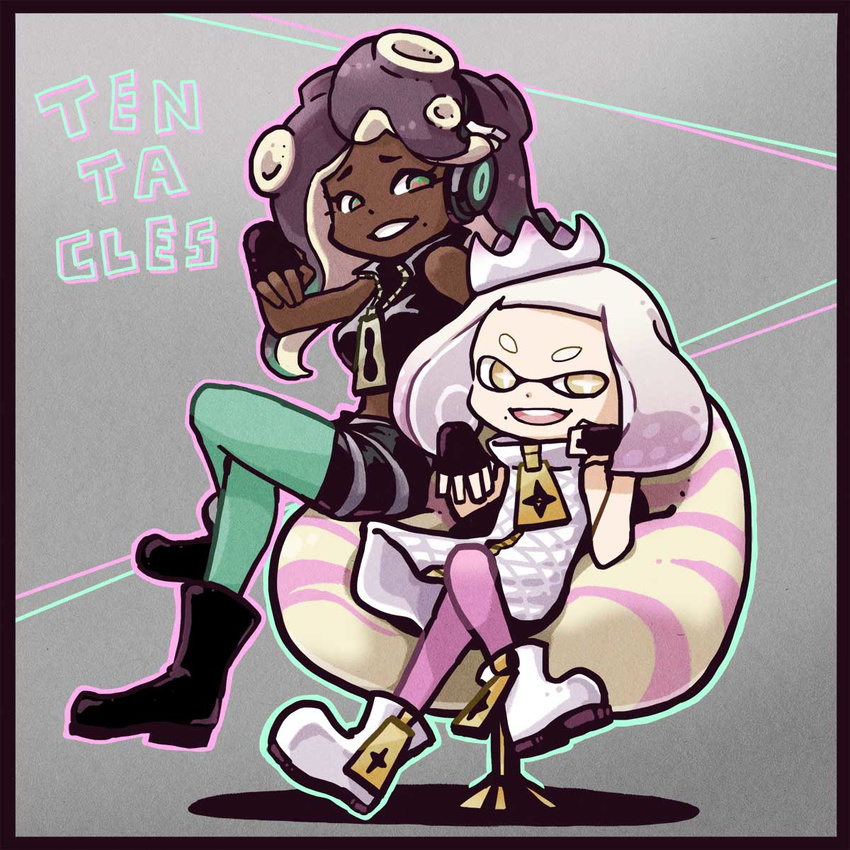 2017 beauty_mark boots cephalopod chair clothing crown dark_skin dress duo english_text enola female fingerless_gloves footwear gloves green_eyes hair headphones hi_res humanoid inkling jacket long_hair marina_(splatoon) marine mask nintendo not_furry octoling octopus pearl_(splatoon) short_hair sitting smile splatoon squid tentacle_hair tentacles text video_games yellow_eyes