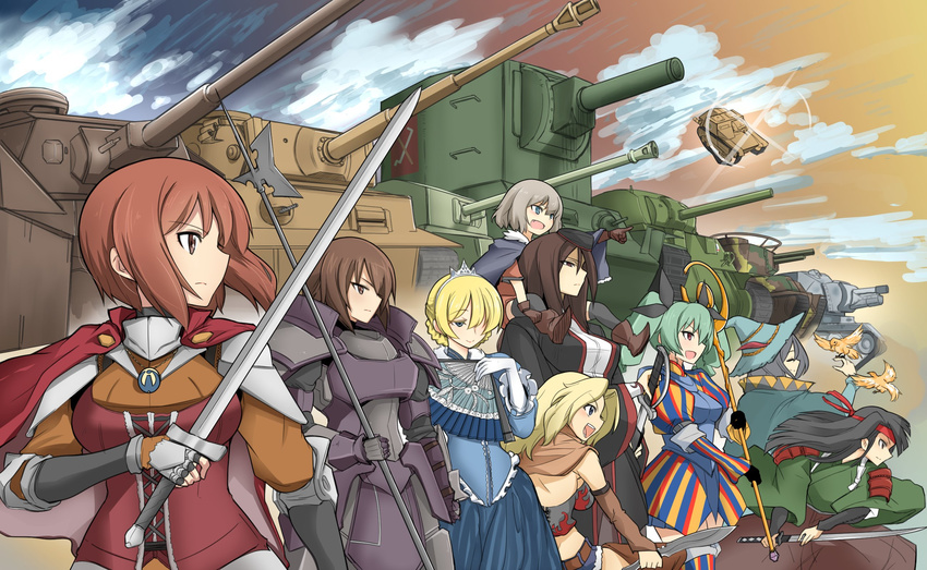 anchovy armor bird black_hair blonde_hair brown_hair bt-42 carro_veloce_cv-33 churchill_(tank) commentary_request darjeeling fan folding_fan girls_und_panzer green_hair ground_vehicle halberd highres hoshikawa_(hoshikawa_gusuku) katana katyusha kay_(girls_und_panzer) knife kv-2 long_hair m4_sherman mika_(girls_und_panzer) military military_vehicle motor_vehicle multiple_girls nishi_kinuyo nishizumi_maho nishizumi_miho nonna panzerkampfwagen_iv polearm short_hair sword tank tiger_i type_97_chi-ha weapon