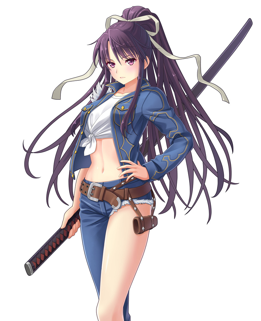 absurdres artist_request belt black_hair collarbone denim grey_ribbon hair_ribbon hand_on_hip highres holding holding_sword holding_weapon kanzaki_kaori long_hair midriff navel purple_eyes ribbon shirt simple_background solo sword tied_shirt to_aru_majutsu_no_index uchi_no_hime-sama_ga_ichiban_kawaii very_long_hair weapon white_background white_shirt