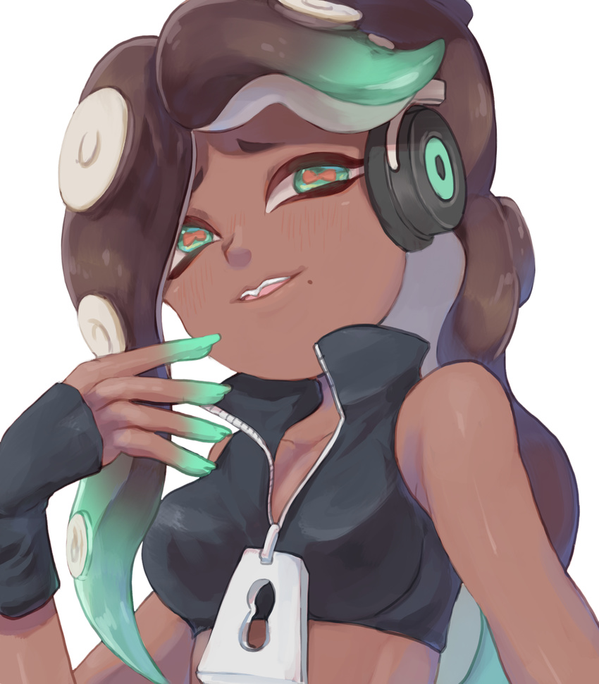 2017 beauty_mark blush breasts cephalopod clothing dark_skin eyebrows female fingerless_gloves gloves green_eyes hair headphones hi_res humanoid jacket long_hair marina_(splatoon) marine nintendo not_furry octoling octopus solo splatoon tentacle_hair tentacles video_games 霧澤龍