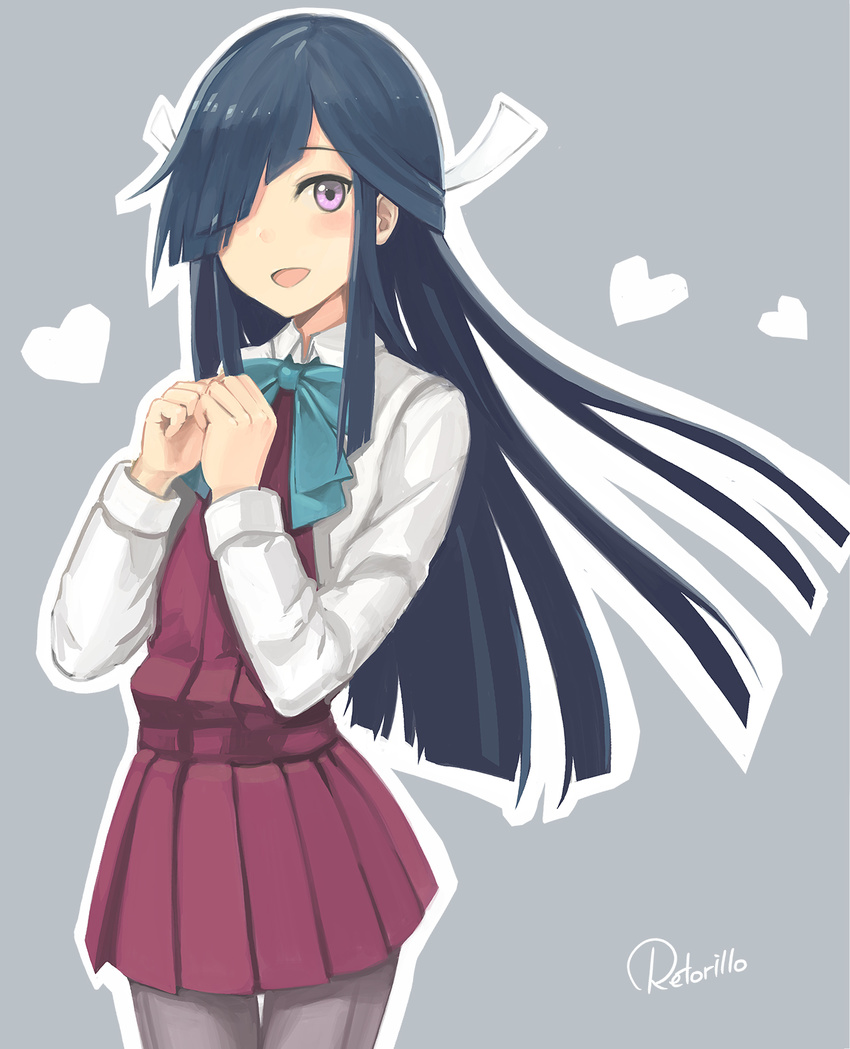 :d aqua_neckwear artist_name black_hair blush bow bowtie collared_shirt commentary_request cowboy_shot dress flat_chest grey_background grey_legwear hair_over_one_eye hair_ribbon hands_together hayashimo_(kantai_collection) heart highres kantai_collection long_hair long_sleeves looking_at_viewer open_mouth outline pantyhose purple_dress purple_eyes retorillo ribbon school_uniform shirt sidelocks sleeveless sleeveless_dress smile solo standing very_long_hair white_outline white_shirt wing_collar