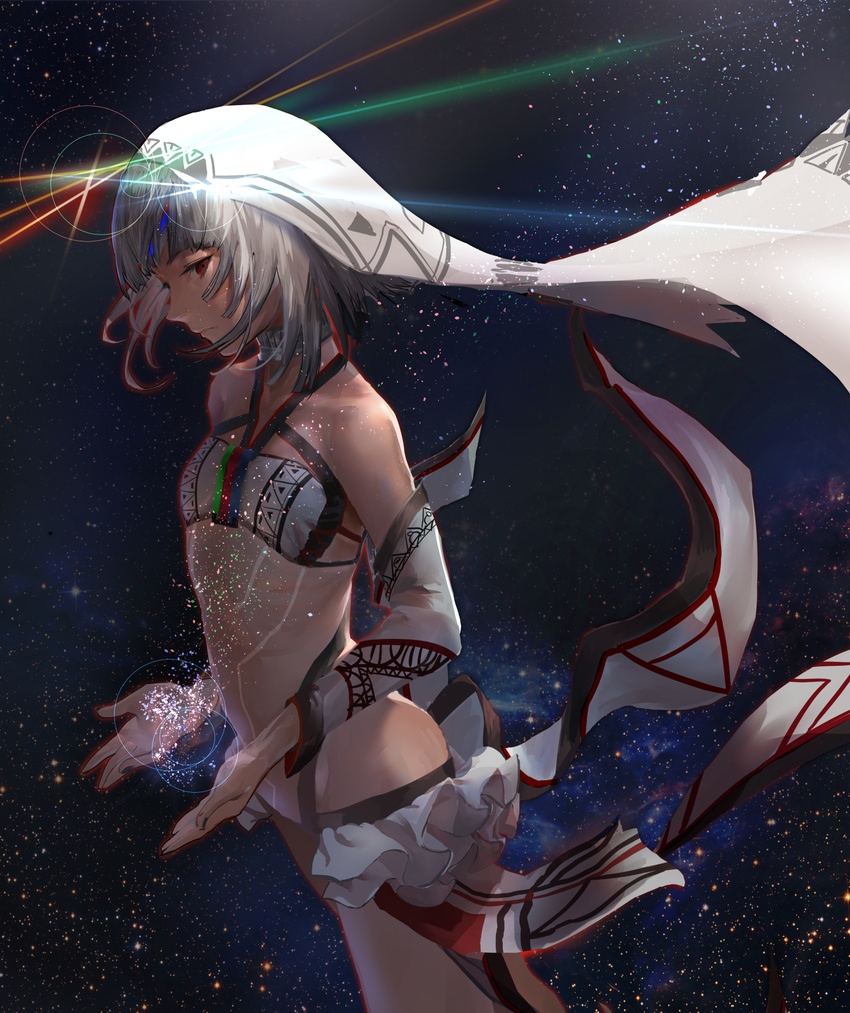 altera_(fate) ass bare_shoulders black_nails dark_skin detached_sleeves fate/extella fate/extra fate/grand_order fate_(series) full_body_tattoo highres looking_at_viewer midriff nail_polish nuda red_eyes revealing_clothes short_hair solo space tattoo veil white_hair