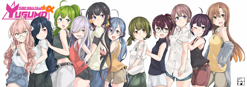 absurdres ahoge akigumo_(kantai_collection) alternate_costume alternate_hairstyle asashimo_(kantai_collection) belt black_hair blue-framed_eyewear blue_eyes brown_hair casual character_name commentary_request contemporary fujinami_(kantai_collection) glasses green_eyes green_hair grey_eyes grey_hair hair_bun hair_over_one_eye hayashimo_(kantai_collection) highres kantai_collection kazagumo_(kantai_collection) kirishina_(raindrop-050928) kiyoshimo_(kantai_collection) long_hair looking_at_viewer makigumo_(kantai_collection) mole mole_under_mouth multicolored_hair multiple_girls naganami_(kantai_collection) odd_one_out okinami_(kantai_collection) one_eye_closed open_mouth pink_hair ponytail red_eyes sharp_teeth short_hair shorts silver_hair simple_background smile takanami_(kantai_collection) teeth two-tone_hair wavy_hair white_background yellow_eyes yuugumo_(kantai_collection)