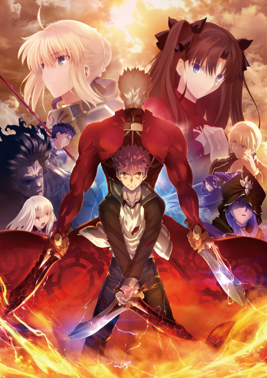 6+boys absurdres ahoge archer armor artoria_pendragon_(all) assassin_(fate/stay_night) back-to-back berserker black_hair blonde_hair blood blue_eyes blue_hair broad_shoulders brown_eyes brown_hair caster choker cloud collarbone dark_skin denim dual_wielding earrings electricity emiya_shirou fate/stay_night fate/unlimited_blade_works fate_(series) fire flame frown gae_bolg gears gilgamesh green_eyes hair_ribbon height_difference highres holding hood illyasviel_von_einzbern injury jacket japanese_clothes jeans jewelry kanshou_&amp;_bakuya lancer lipstick long_hair long_sleeves makeup monohoshizao multiple_boys multiple_girls muscle official_art ootachi open_mouth pants parted_lips polearm ponytail projected_inset puffy_sleeves purple_eyes purple_hair red_eyes red_hair ribbon saber shaded_face shiny shiny_hair short_hair shoulder_pads shouting silver_hair smile spear sword toosaka_rin torn_clothes twintails unzipped weapon white_hair yellow_eyes