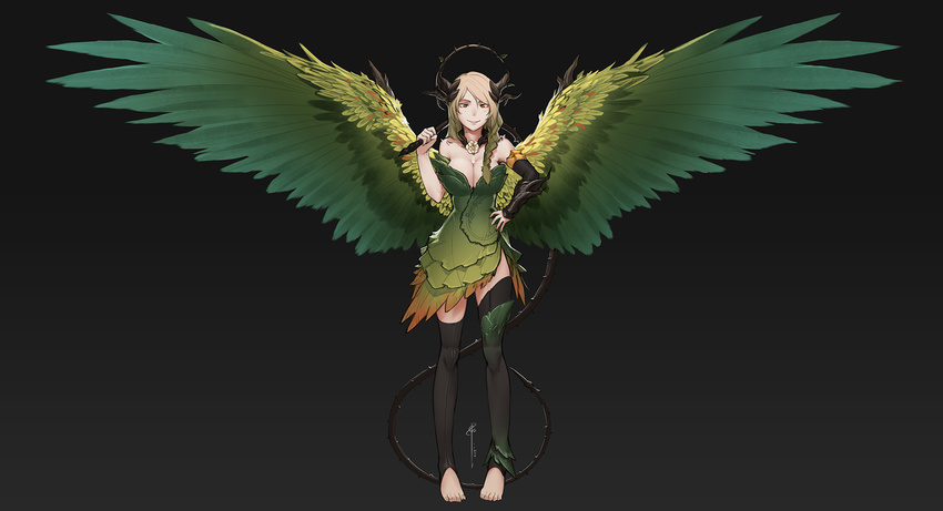 angel_wings barefoot blonde_hair braid breasts cleavage dress feathered_wings flower flower_necklace green_dress green_feathers green_wings grey_background halo hand_on_hip highres holding_whip horns jewelry large_breasts leaf less looking_at_viewer necklace over_shoulder phallia_(wizardquest) plant_girl red_eyes short_dress simple_background smile solo spread_wings standing thighhighs toeless_legwear vine_whip weapon weapon_over_shoulder whip wings wizardquest