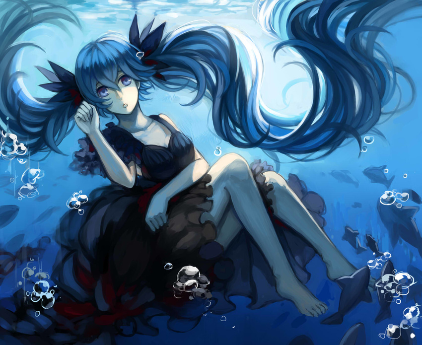 air_bubble barefoot black_dress black_ribbon blue_eyes blue_hair breasts bubble cleavage collarbone dress fish floating_hair full_body hair_between_eyes hair_ribbon hatsune_miku highres long_hair longyu looking_at_viewer medium_breasts open_mouth ribbon shinkai_shoujo_(vocaloid) sleeveless sleeveless_dress solo submerged twintails underwater very_long_hair vocaloid