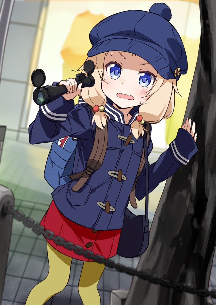 absurdres animal_backpack backpack bag blonde_hair blue_cloak blue_eyes blue_hat blush hat highres holding long_hair miniskirt mousou_(mousou_temporary) new_game! open_mouth outdoors pantyhose pleated_skirt red_skirt sakura_nene scope shark_backpack skirt solo standing sweatdrop tree wavy_mouth yellow_legwear