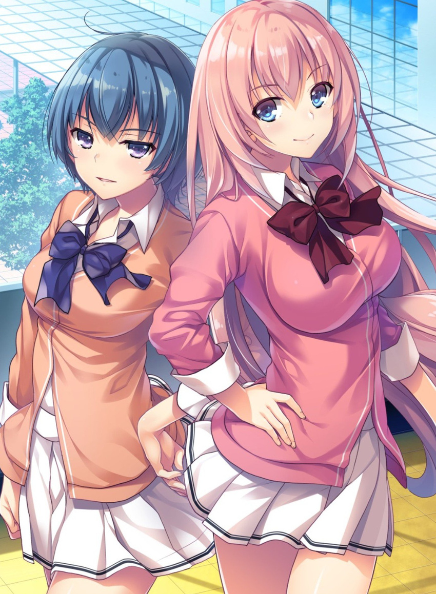 bangs blue_eyes breasts day eyebrows_visible_through_hair hand_on_hip highres ibuki_mio ichinose_honami_(youjitsu) jacket long_hair looking_at_viewer medium_breasts multiple_girls official_art outdoors pink_hair pleated_skirt purple_eyes ribbon school_uniform short_hair skirt sleeves_rolled_up smile tomose_shunsaku very_long_hair youkoso_jitsuryoku_shijou_shugi_no_kyoushitsu_e