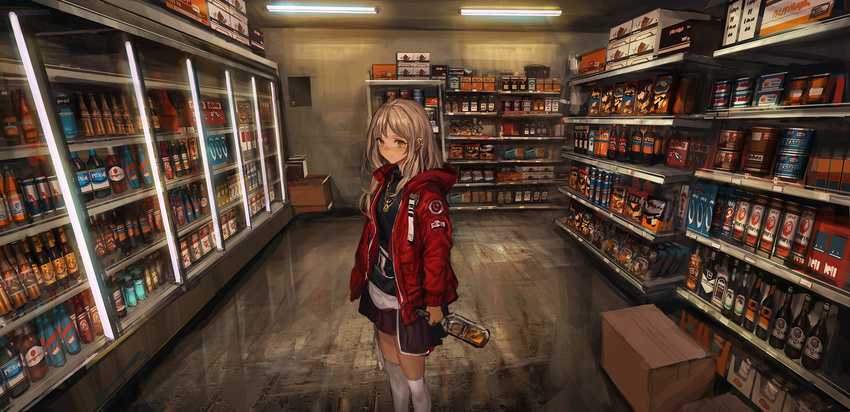 alcohol arms_at_sides bangs black_skirt blush bottle box brown_eyes brown_hair cardboard_box concrete convenience_store ear_piercing fluorescent_lamp grey_hair highres holding holding_bottle hood hood_down hooded_jacket indoors jacket jewelry kirin_(company) light_brown_hair light_smile liquor lm7_(op-center) long_hair long_sleeves looking_at_viewer miniskirt necklace original over-kneehighs patch pentagram piercing pringles red_bull red_jacket refrigerator shelf shop skirt solo standing tequila thighhighs white_legwear yellow_eyes zettai_ryouiki