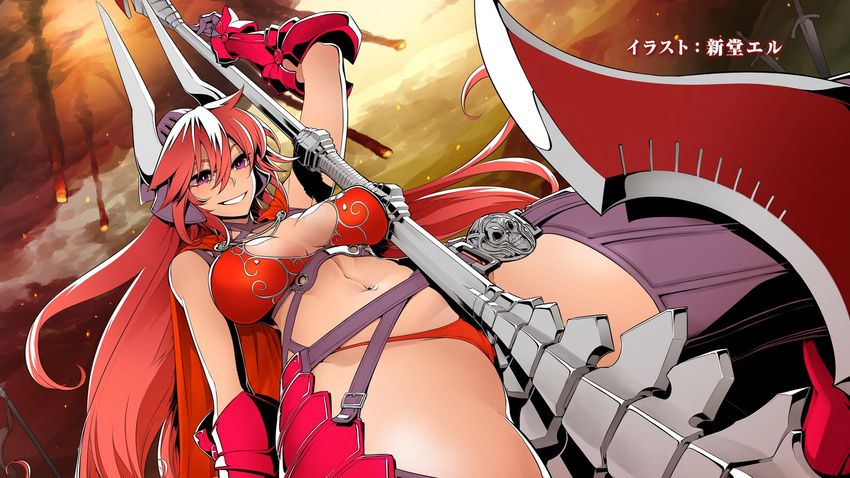 arm_up bare_shoulders breasts cape demon_girl demon_horns end_card foreshortening from_below gauntlets hair_between_eyes halberd helmet highres holding holding_weapon horns large_breasts long_hair looking_at_viewer navel non-web_source panties parted_lips pointy_ears polearm purple_eyes red_hair red_panties satan_(the_seven_deadly_sins) shindou_l smile solo stomach the_seven_deadly_sins thighhighs underwear weapon