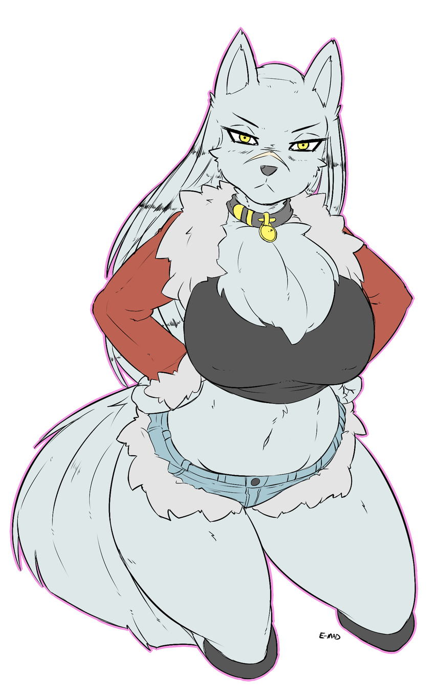 anthro big_breasts breasts canine chest_tuft clothed clothing collar female fur hair hands_on_hips hi_res long_hair looking_at_viewer mammal muscular muscular_female navel pouting rakihiro scar shorts simple_background solo tuft velvela white_background wide_hips wolf yellow_eyes