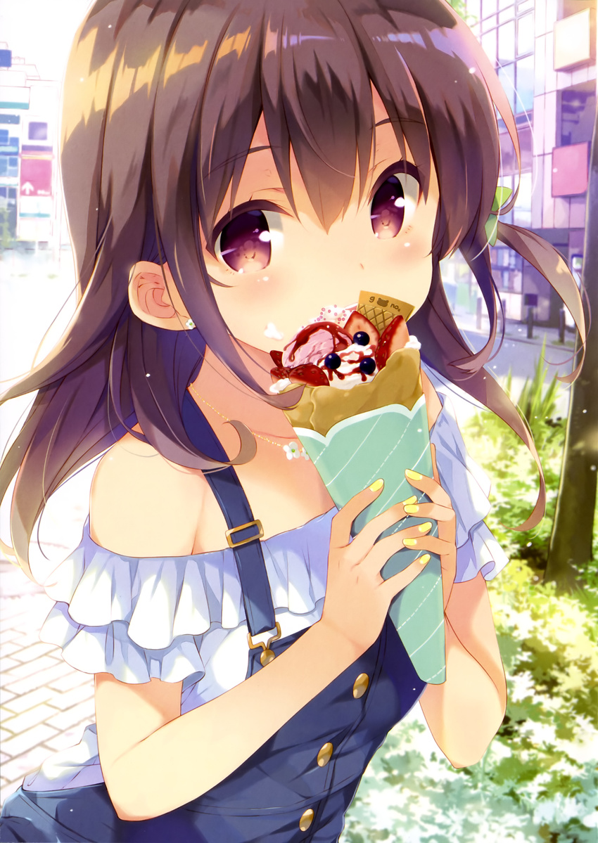 absurdres bow brown_eyes brown_hair collarbone crepe day eating eyebrows_visible_through_hair floating_hair food food_wrapper girlish_number green_bow hair_between_eyes hair_bow highres holding holding_food jewelry karasuma_chitose_(girlish_number) long_hair looking_at_viewer nail_polish necklace outdoors road solo standing street upper_body yellow_nails