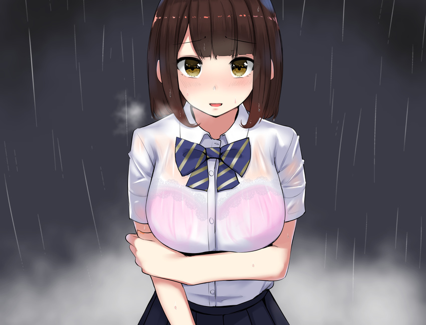 bangs blunt_bangs blush bow bra breast_hold breasts brown_eyes brown_hair dress_shirt grey_background hand_on_own_arm large_breasts light_smile looking_at_viewer original parted_lips pink_bra rain rocha_(aloha_ro_cha) school_uniform see-through shirt short_sleeves skirt solo striped striped_bow underwear upper_body wet wet_clothes white_shirt