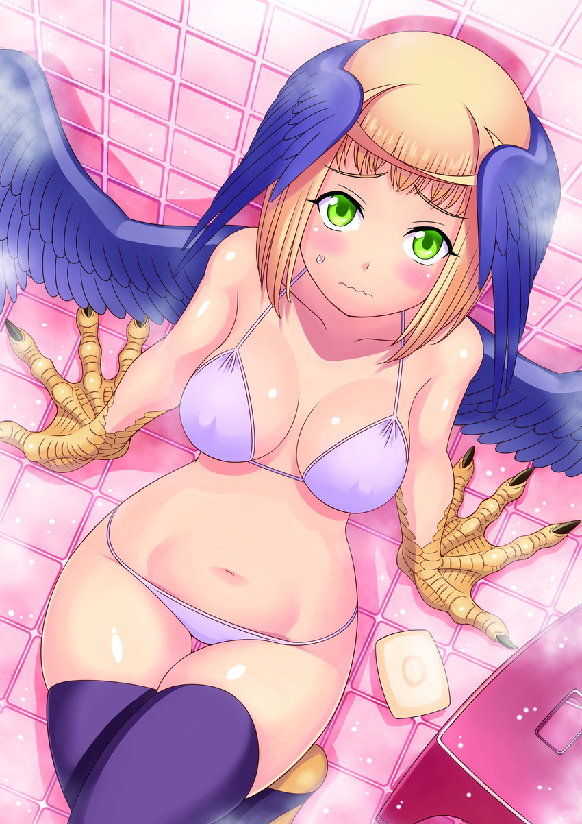 1girl absurdres aero_(12_beast) ahoge animal_hand artist_request bad_source bangs bathroom bikini blue_feathers blue_legwear blue_wings blush claws covered_nipples eyebrows_visible_through_hair feathered_wings feathers from_above green_eyes head_wings highres indoors looking_at_viewer looking_up monster_girl navel purple_legwear short_hair sitting soap solo sweatdrop swimsuit thigh_gap thighhighs wavy_mouth white_bikini wings yellow_scales