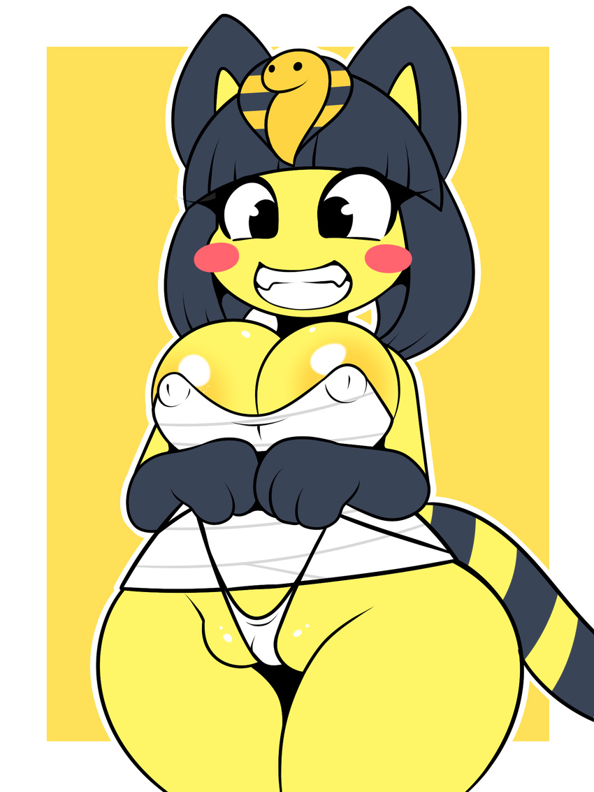 2017 animal_crossing ankha anthro big_breasts breasts cat clothed clothing egyptian feline female grin hair hi_res kloudmutt mammal nintendo panties pussy short_hair simple_background smile solo teeth thick_thighs underwear video_games wide_hips