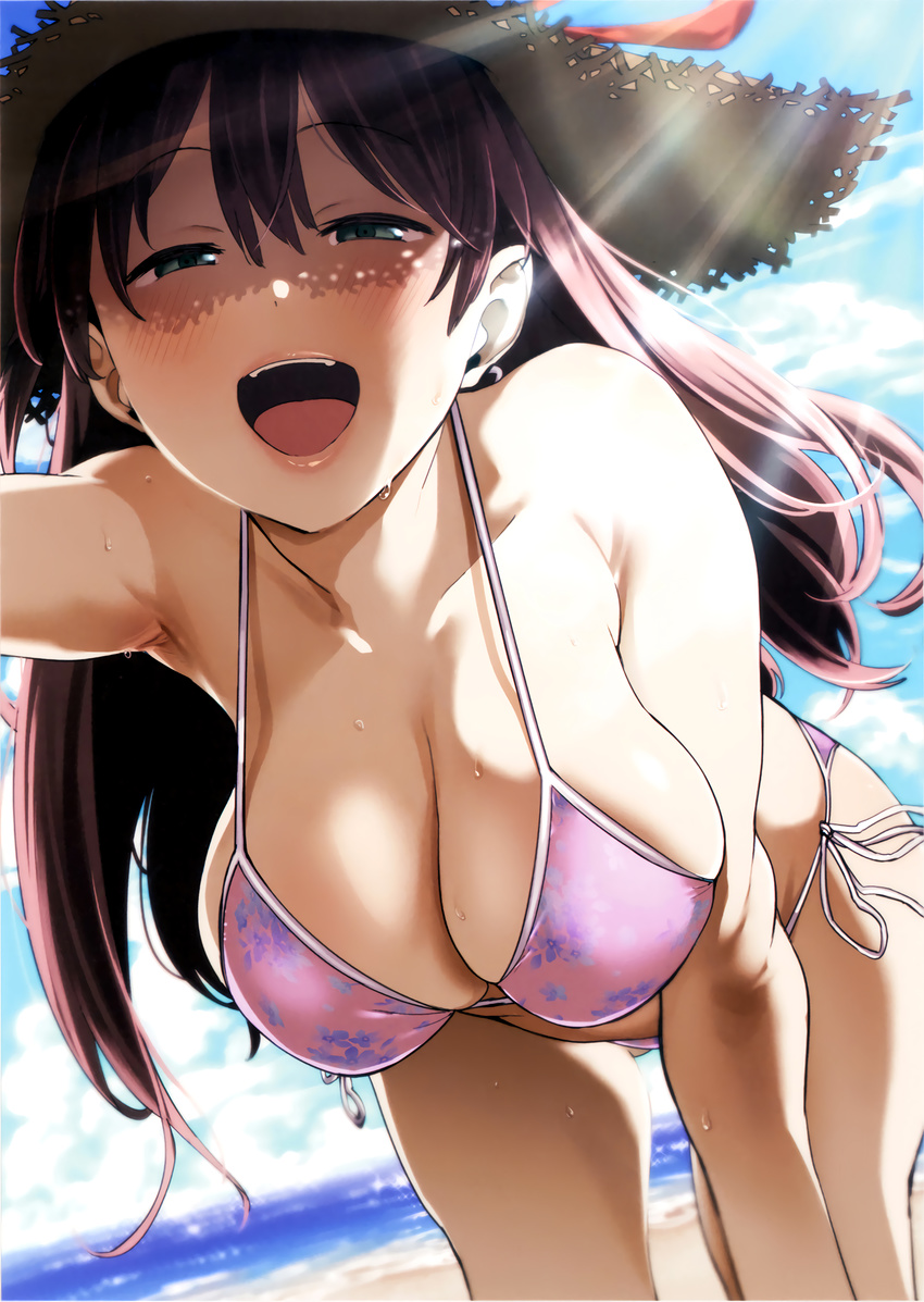 :d absurdres arm_up ass_visible_through_thighs beach bent_over bikini blue_eyes blush breasts cleavage collarbone cowboy_shot cropped day dutch_angle half-closed_eyes hat hat_ribbon highres large_breasts long_hair looking_at_viewer non-web_source open_mouth outdoors pija_(pianiishimo) pink_bikini purple_hair ribbon scan side-tie_bikini smile solo strap_gap straw_hat sun_hat sunlight sweat swimsuit toranoana