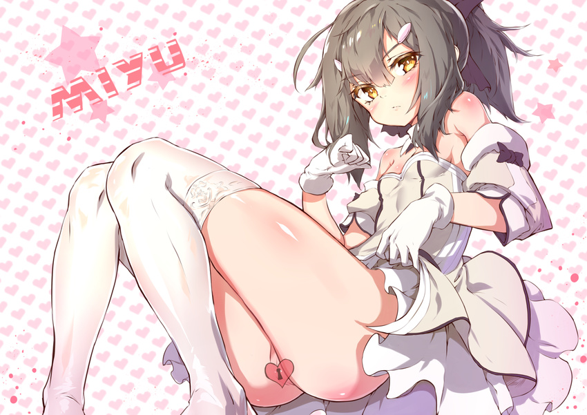 :/ absurdres artoria_pendragon_(all) ass bare_shoulders black_hair blush bow breasts censored character_name cosplay detached_sleeves dress eyebrows_visible_through_hair fate/kaleid_liner_prisma_illya fate_(series) gloves hair_between_eyes hair_ornament hair_ribbon hairclip heart heart_background heart_censor highres long_hair looking_at_viewer marker_(medium) miyu_edelfelt ponytail ribbon saber_lily saber_lily_(cosplay) shanyao_jiang_tororo small_breasts solo star strapless strapless_dress thighhighs thighs traditional_media v-shaped_eyebrows white_gloves white_legwear yellow_eyes