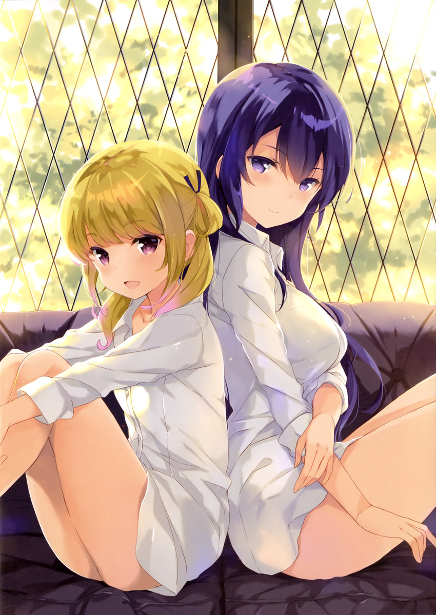 :d absurdres back-to-back bangs bare_legs black_ribbon blonde_hair blunt_bangs breasts buttons closed_mouth collarbone collared_shirt day dress_shirt eyebrows_visible_through_hair fingernails from_side girlish_number gradient gradient_hair hair_between_eyes hair_ornament hair_ribbon highres indoors knees_up large_breasts long_fingernails long_hair long_sleeves looking_at_viewer multicolored_hair multiple_girls naked_shirt ohara_tometa open_mouth pink_hair purple_eyes purple_hair ribbon scan shibasaki_kazuha shirt sidelocks sitting sleeves_past_elbows sleeves_rolled_up smile sonou_momoka two_side_up white_shirt window