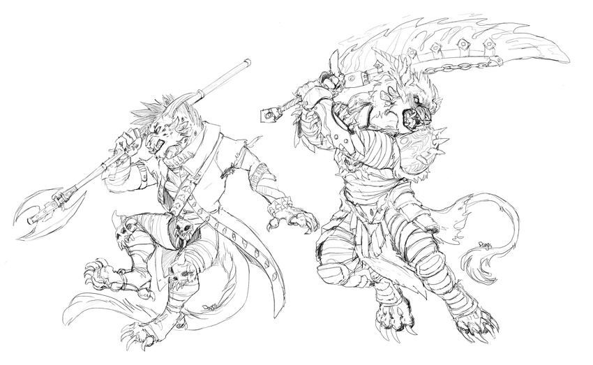 action_pose anthro armor charr claws clothing dagos duo fangs feline female fighting_stance flat_chested fluffy fluffy_tail fur glaive guild_wars horn male mammal mane melee_weapon multi_ear open_mouth polearm simple_background skull sword video_games weapon