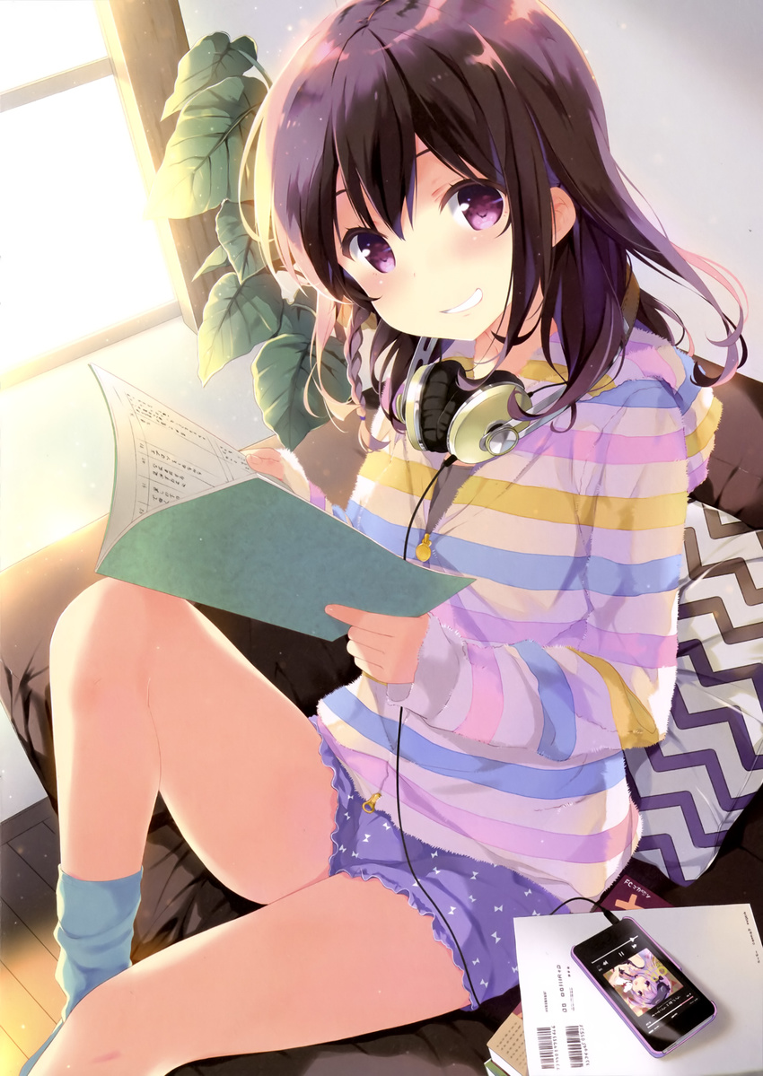 :d absurdres bangs blue_legwear blush book braid cable cellphone day eyebrows_visible_through_hair fingernails girlish_number grin hair_between_eyes hands_up headphones headphones_around_neck highres holding hood hood_down hoodie indoors karasuma_chitose_(girlish_number) leaf long_hair looking_at_viewer loungewear multicolored multicolored_stripes notebook ohara_tometa open_book open_mouth phone pillow plant print_shorts purple_eyes purple_hair scan script shorts side_braid sidelocks sitting smartphone smile socks solo striped striped_hoodie teeth window zipper