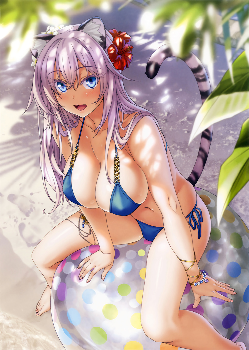 :d absurdres animal_ears ball bare_legs barefoot beach beachball bikini blue_bikini blue_eyes blurry bracelet breasts cleavage collarbone colored_eyelashes cropped day depth_of_field eyebrows_visible_through_hair flower hair_between_eyes hair_flower hair_ornament highres jewelry kannatsuki_noboru large_breasts lavender_hair leaning_forward long_hair looking_at_viewer looking_up navel non-web_source o-ring o-ring_bikini open_mouth outdoors scan side-tie_bikini smile solo swimsuit tail thighlet tiger_ears tiger_tail toranoana