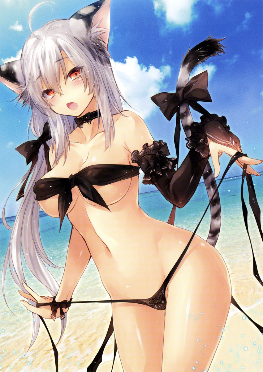 :d absurdres ahoge animal_ears arm_garter bangs bare_legs bare_shoulders beach bikini bikini_pull black_bikini black_bow black_choker black_garter blue_sky blush bow bow_bikini bow_choker breasts choker cloud cloudy_sky collarbone cowboy_shot cropped day detached_sleeves eyebrows_visible_through_hair eyes_visible_through_hair fang fingernails frills grey_hair groin hair_between_eyes hair_bow half-closed_eyes highres holding_strap kobayashi_yoshitaka large_breasts long_fingernails long_hair looking_at_viewer low_tied_hair low_twintails navel non-web_source ocean open_mouth orange_eyes original outdoors pulled_by_self scan side-tie_bikini sidelocks single_detached_sleeve single_wrist_cuff sky smile solo standing stomach strap_pull strapless strapless_bikini string_bikini swimsuit tail tail_bow thigh_gap tiger_ears tiger_girl tiger_tail toranoana tubetop twintails untied untied_bikini very_long_hair water wrist_bow