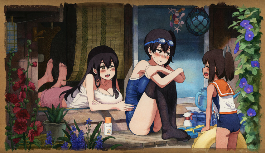 ;d ^_^ ^o^ akagi_(kantai_collection) aloe_(plant) bamboo_screen barefoot black_legwear blue_swimsuit blush border bottle breast_press breast_rest breasts brown_border brown_eyes brown_hair camisole closed_eyes clothes_pin clothesline collarbone commentary_request feet_up flip-flops flower glass_float goggles goggles_on_head hair_between_eyes hair_ornament hollyhock i-401_(kantai_collection) innertube kaga_(kantai_collection) kantai_collection knees_up large_breasts leg_hug long_hair looking_at_another looking_away looking_to_the_side lotion_bottle lying morning_glory multiple_girls no_shoes nose_blush on_floor on_stomach one_eye_closed open_mouth pink_shorts plant ponytail potted_plant purple_flower red_flower sailor_collar sailor_shirt sandals sandals_removed school_swimsuit seashell shell shijukara_(great_tit) shirt short_hair shorts side_ponytail sitting sleeveless sleeveless_shirt smile soles spaghetti_strap spray_bottle starfish summer swimsuit swimsuit_under_clothes tan teeth the_pose thighhighs traditional_media veranda watering_can wavy_mouth