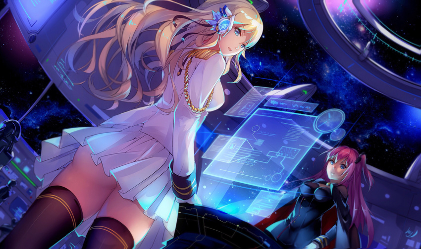 absurdres ass black blonde_hair cape character_request epaulettes fourragere hair_ornament highres long_hair luo_qingyu miniskirt multiple_girls no_battle_no_life parted_lips pink_hair pleated_skirt side_ponytail skirt sky star star_(sky) starry_sky thighhighs upskirt