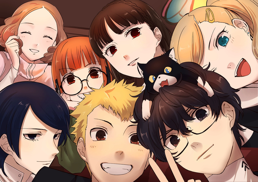 4girls :d amamiya_ren animal animal_on_head bangs blonde_hair blue_eyes blunt_bangs blush brown_eyes cat cat_on_head group_picture hirori_(hrr_pj) kitagawa_yuusuke light_brown_hair looking_at_viewer morgana_(persona_5) multiple_boys multiple_girls niijima_makoto okumura_haru on_head open_mouth orange_hair persona persona_5 sakamoto_ryuuji sakura_futaba smile takamaki_anne