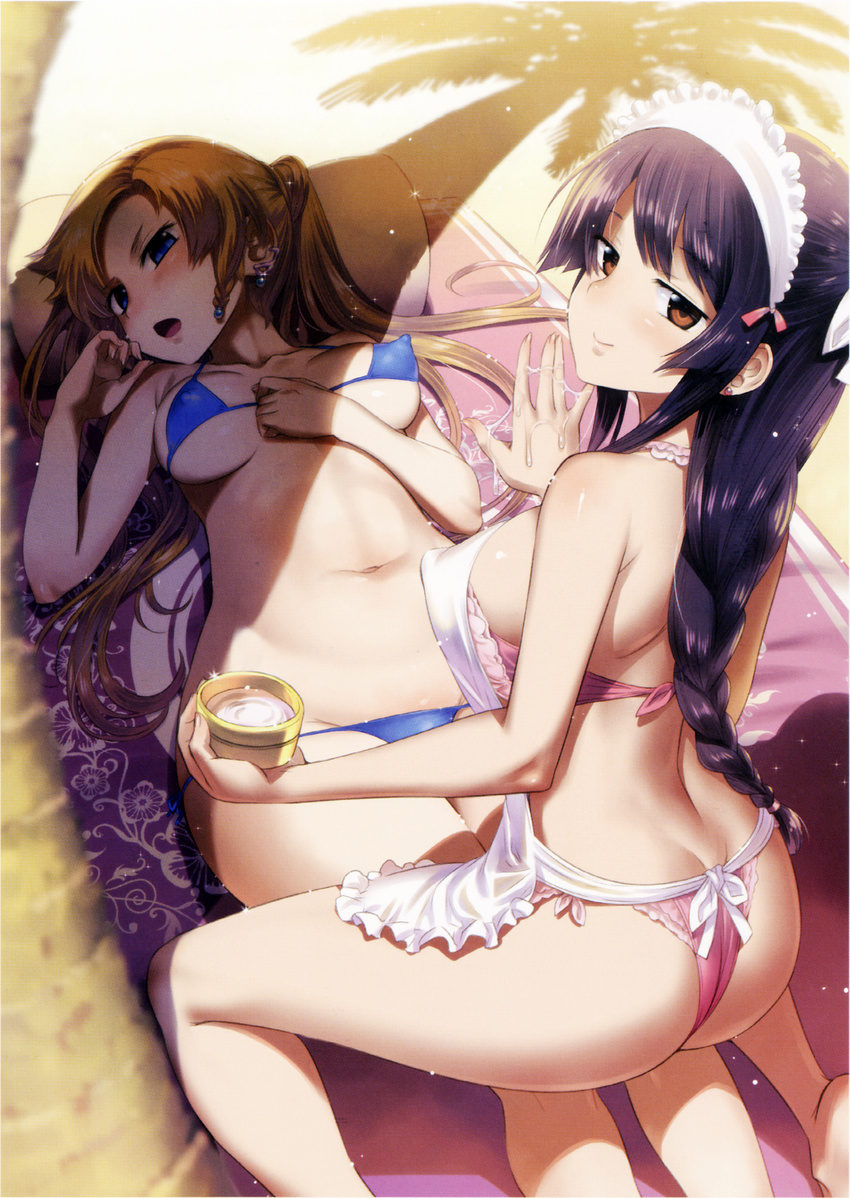 absurdres apron ass beach bikini blue_bikini blue_eyes braid breasts brown_eyes brown_hair closed_mouth covered_nipples day earrings half-closed_eyes hand_on_own_chest highres jewelry koume_keito long_hair lying maid_headdress medium_breasts multiple_girls navel non-web_source on_back one_side_up open_mouth outdoors purple_hair scan single_braid smile swimsuit tanning_oil toranoana underboob