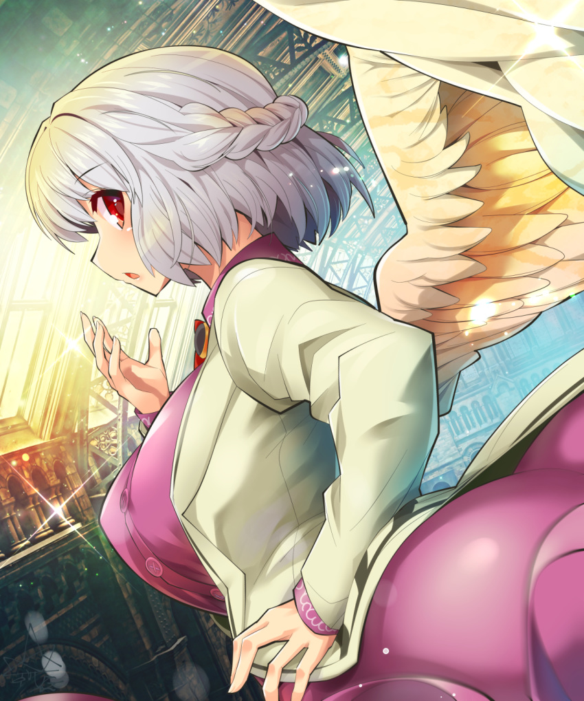 ass braid breasts commentary_request cowboy_shot feathered_wings from_side hand_to_own_mouth highres kishin_sagume large_breasts looking_at_viewer looking_to_the_side open_mouth red_eyes silver_hair single_wing solo touhou umigarasu_(kitsune1963) wings
