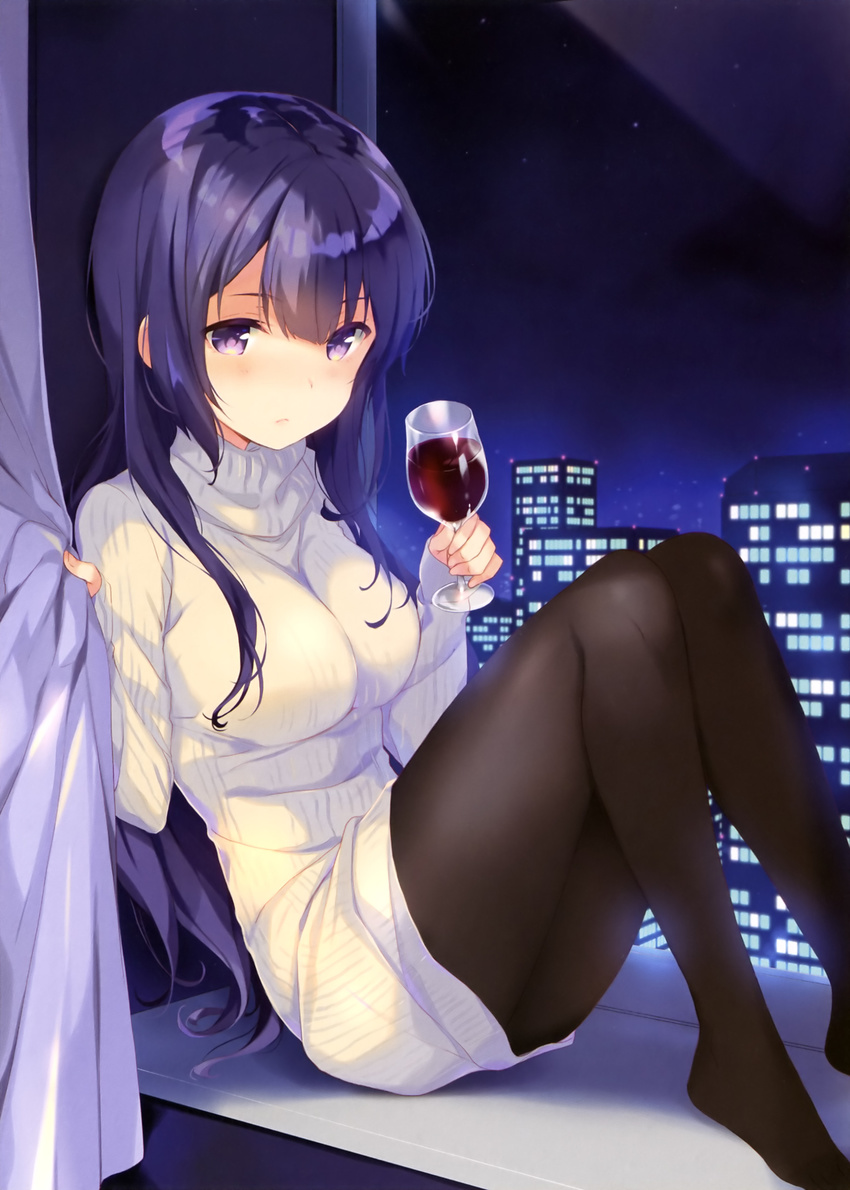 absurdres alcohol bangs blush breasts brown_legwear building cropped cup curtain_grab curtains dress drinking_glass eyebrows_visible_through_hair fingernails girlish_number glass hands_up highres holding indoors large_breasts long_hair long_sleeves medium_breasts night night_sky no_shoes ohara_tometa pantyhose purple_eyes purple_hair ribbed_sweater scan shibasaki_kazuha sitting sky solo sweater sweater_dress turtleneck turtleneck_sweater white_sweater wine wine_glass