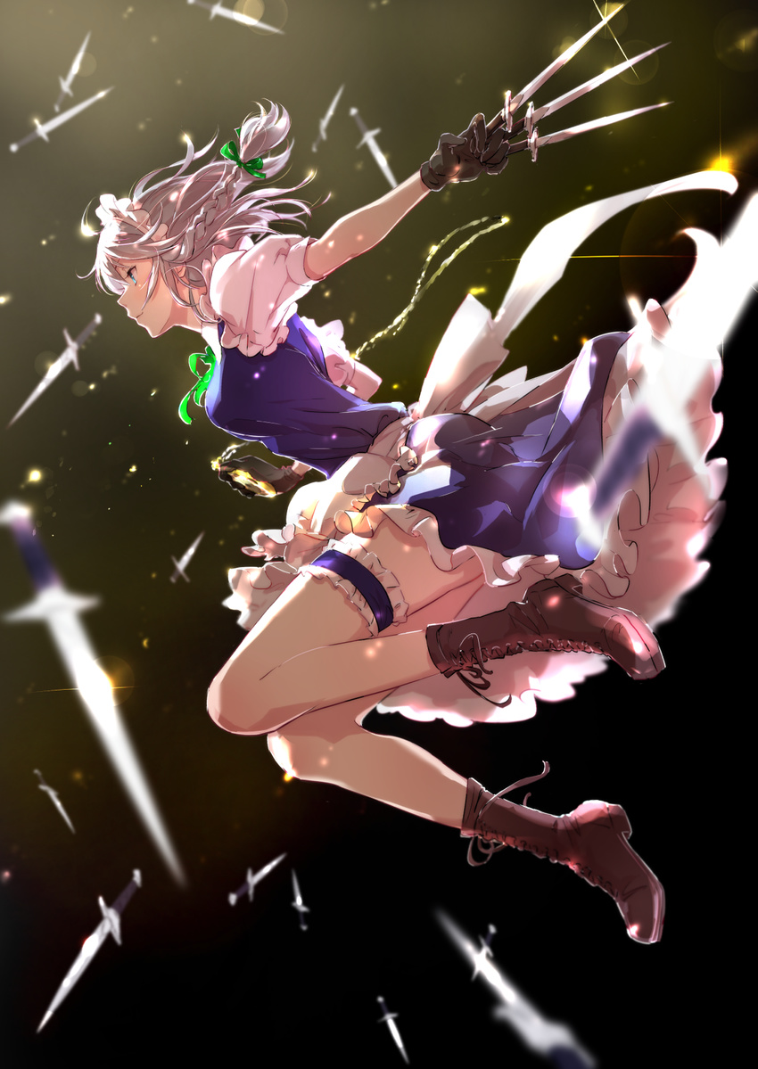 apron arched_back arm_behind_back between_fingers black_background black_gloves blue_eyes blurry boots braid breasts chain cross-laced_footwear dagger depth_of_field expressionless folded_leg from_side garters glint gloves highres holding holding_knife izayoi_sakuya jumping kaazu knife knives_between_fingers light_particles looking_to_the_side maid_headdress medium_breasts pocket_watch profile puffy_short_sleeves puffy_sleeves ribbon short_hair short_sleeves silver_hair skirt skirt_set solo touhou twin_braids waist_apron watch weapon wind