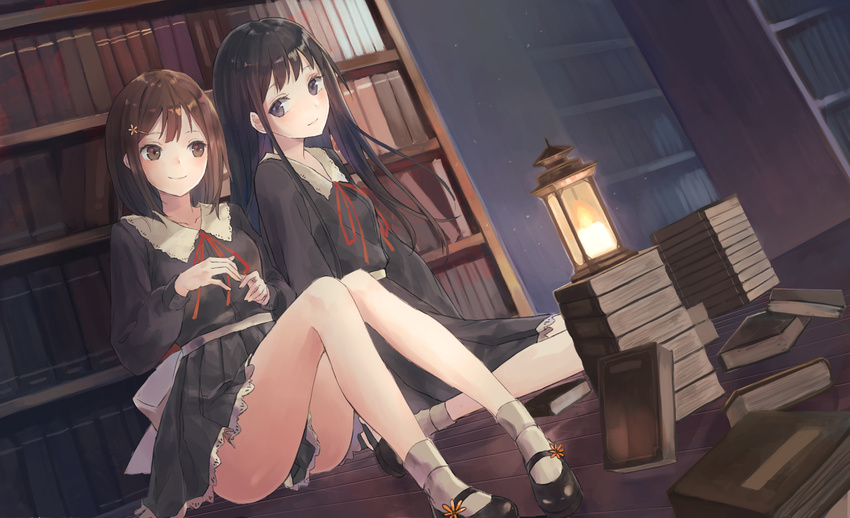 ass bangs black_eyes black_hair blush book bookshelf brown_eyes brown_hair commentary flowers_(innocent_grey) frills highres kobuta kousaka_mayuri lantern library long_hair mary_janes multiple_girls pleated_skirt ribbon school_uniform shirahane_suou shoes sitting skirt smile socks thighs white_legwear yokozuwari