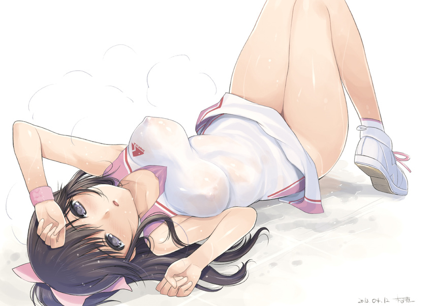 black_hair blush bow breasts clenched_hands commentary_request covered_nipples dated hair_bow hand_on_forehead kiya_shii knees_up large_breasts long_hair love_plus lying on_back ponytail purple_eyes shoes signature sneakers solo sportswear sweat takane_manaka tennis_uniform wristband