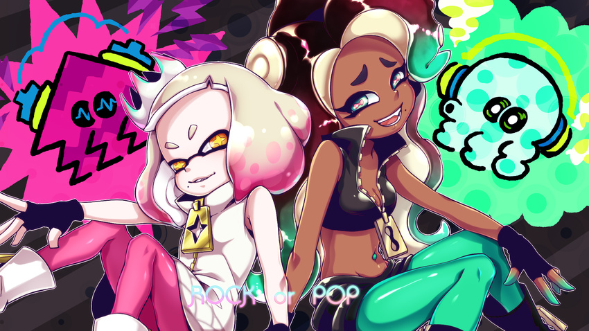 2girls bare_shoulders black_hair boots breasts cephalopod_eyes cleavage commentary_request crop_top crown dark_skin domino_mask fingerless_gloves gloves green_eyes highres hime_(splatoon) iida_(splatoon) looking_at_viewer mame_jirushi mask medium_breasts midriff mole mole_under_mouth multiple_girls navel navel_piercing octarian orange_eyes pantyhose piercing pink_pupils purple_hair sitting sleeveless smile splatoon_(series) splatoon_2 symbol-shaped_pupils teeth tentacle_hair white_hair yellow_pupils zipper