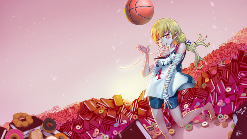 artist_name barefoot basketball basketball_uniform bike_shorts blonde_hair blush_stickers book cosplay doughnut dutch_angle food hair_ribbon hanamonogatari highres justin_leyva_(steamy_tomato) kanbaru_suruga kanbaru_suruga_(cosplay) long_hair looking_at_viewer low-tied_long_hair monogatari_(series) mouth_hold off_shoulder oshino_shinobu ribbon solo sportswear yellow_eyes