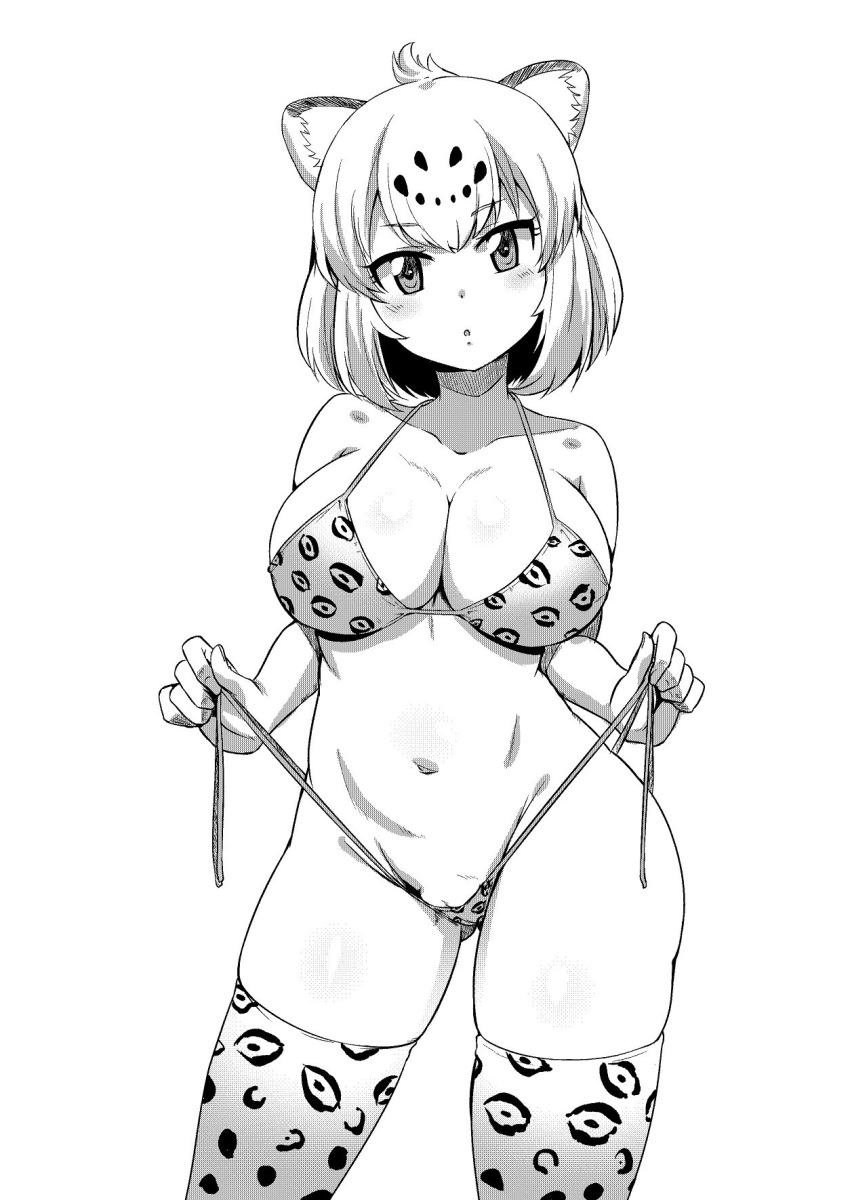 :o animal_ears ass_visible_through_thighs ayuayu_(shouyu_no_sato) bangs bare_arms bare_shoulders bikini breasts cleavage collarbone commentary_request contrapposto greyscale halter_top halterneck head_tilt highres jaguar_(kemono_friends) jaguar_ears jaguar_print kemono_friends large_breasts looking_at_viewer monochrome navel print_bikini pussy_peek short_hair simple_background solo standing stomach string_bikini swimsuit thighhighs untied untied_bikini white_background