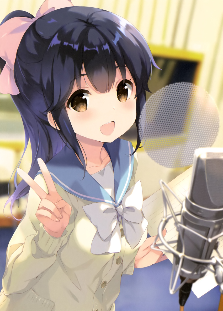 :d absurdres bangs black_hair blue_sailor_collar bow bowtie brown_eyes cardigan collarbone cropped eyebrows_visible_through_hair fingernails girlish_number hair_bow hair_ornament hands_up highres holding indoors long_fingernails long_hair long_sleeves looking_at_viewer microphone ohara_tometa open_mouth pink_bow pocket ponytail sailor_collar sakuragaoka_nanami scan school_uniform serafuku shirt smile solo studio_microphone upper_teeth v white_bow white_neckwear