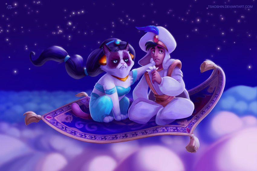 &gt;:c 2013 aladdin aladdin_(character) anthro carpet carpet_(aladdin) cat clothed clothing cloudscape cool_colors disney duo feline female flower flying hat human jasmine_(aladdin) magic_carpet male mammal night outside plant signature sky star starry_sky tardar_sauce tsaoshin url