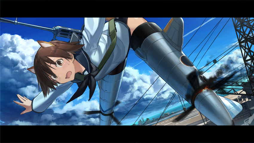 aircraft_carrier animal_ears brown_eyes brown_hair cloud day dog_ears flying gun kirii letterboxed long_sleeves looking_at_viewer military military_vehicle miyafuji_yoshika open_mouth outstretched_arms propeller school_swimsuit school_uniform serafuku ship short_hair sky smoke solo strike_witches striker_unit sweatdrop swimsuit swimsuit_under_clothes warship watercraft weapon weapon_request world_witches_series